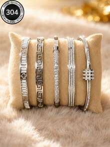 Bộ 5 vòng tay thời trang bạc xếp chồng, thép không gỉ 304, chống rỉ, chống nước, không gây dị ứng, trang sức xếp chồng phong cách tối giản sang trọng, quà tặng cho cô ấy dịp tốt nghiệp, sinh nhật, Valentine, Ngày của Mẹ, Giáng Sinh - Bạc 2 - Xem 3