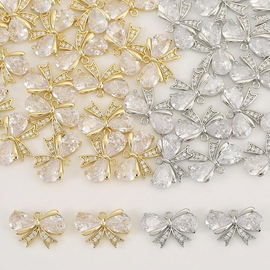 1/10Pcs Copper Bow‑Knot Cubic Zirconia Charms Pendants, For DIY Bracelet Necklace Jewelry Making, Gold & Silver Are Available For Selection