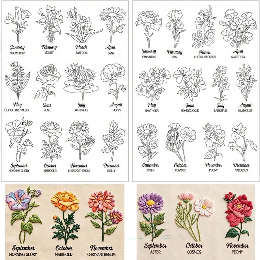 Stick & Stitch Birthday Month Wildflower Water-Soluble Embroidery Transfer Paper, Tiny Floral & Leaf Embroidery Stabilizer Paper For Handmade Sewing DIY Crafts