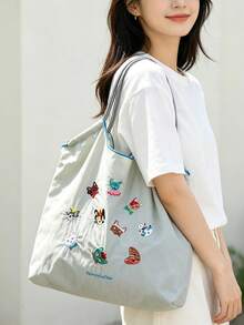 1pc New Embroidered Cute Cat Head Pattern Shopping Bag, Large Capacity Commuter Travel Bag, Drawstring Handbag, Versatile Nylon Shoulder Tote Bag - Multicolor - View 3