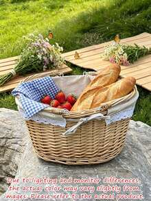 1pc Handwoven Wicker Picnic Basket With Lace Bow Decor Lined Fabric Lining Multi Style Red Gingham Check Pattern Portable Basket With Handle For Outdoor Picnic Camping - Multiple Styles - View 16