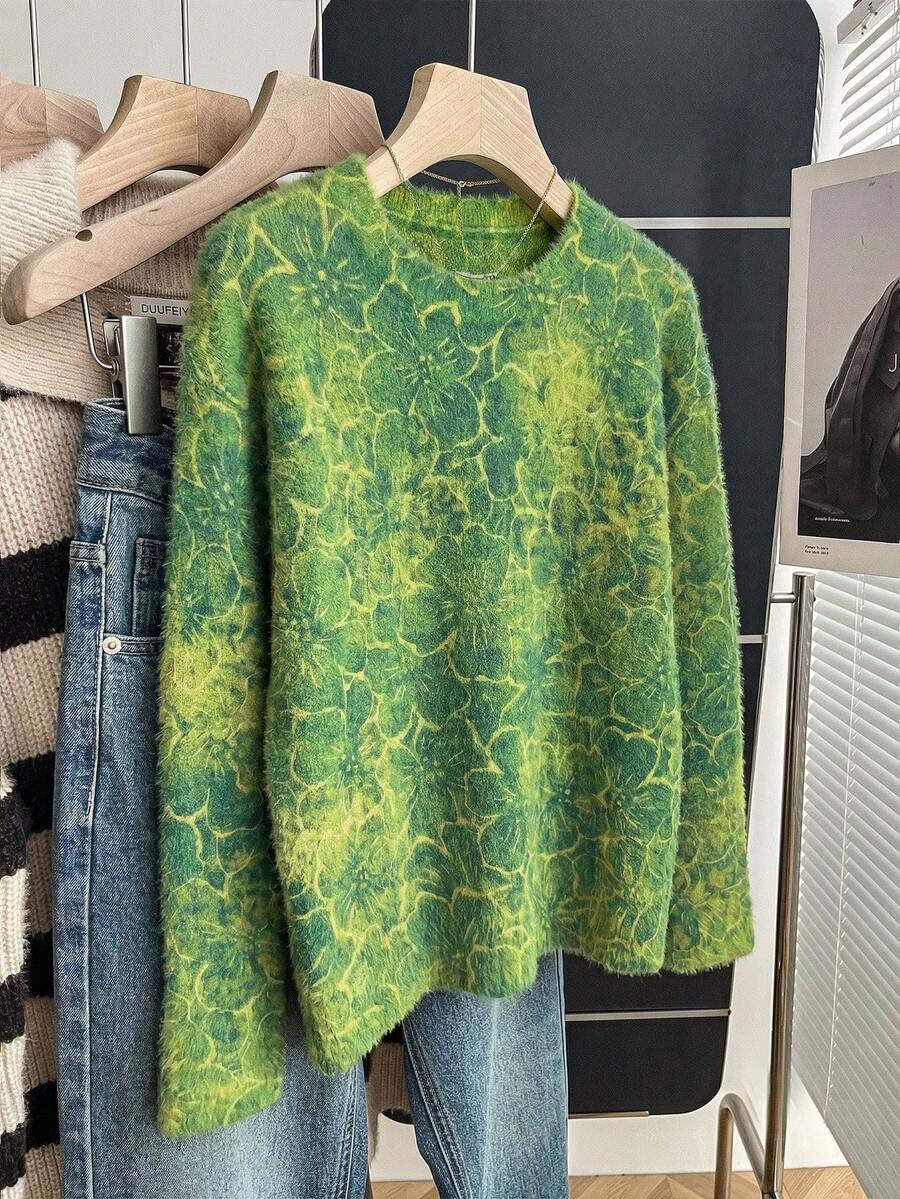 pull en tricot floral vert pour femmes, tenue d'automne, style décontracté, style basique, tenue de bureau automne - Vert - Voir 1