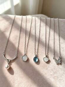 5pcs/Set Elegant Design Necklace With White Jade Moonstone, Minimalist Luxury Versatile Choker Necklace - Necklace - View 4
