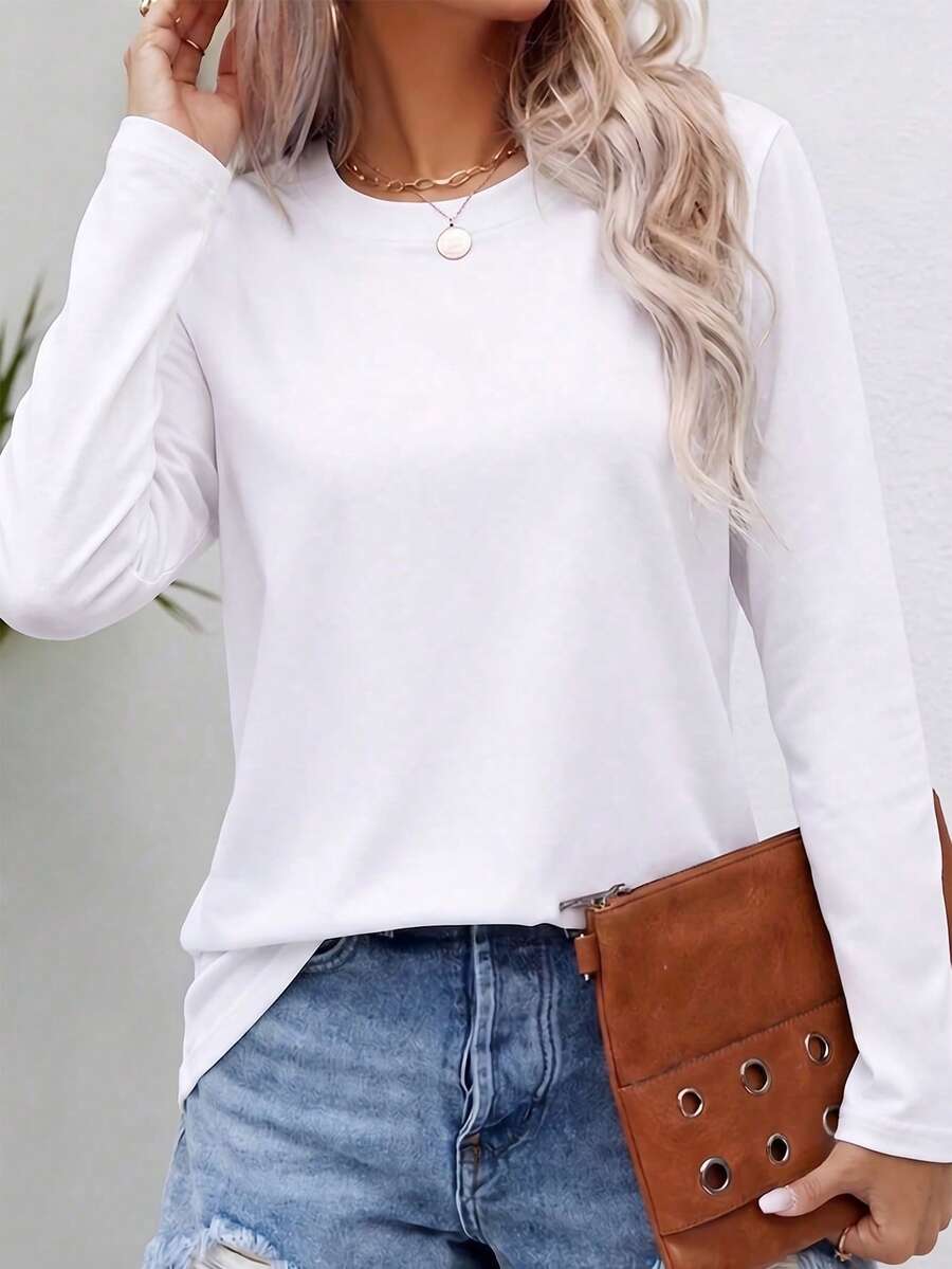 Women's Loose Round Neck Long Sleeve T-Shirt, Solid Color All-Match Top, Soft Skin-Friendly Breathable, Versatile For Daily Commute - White - View 1