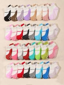 10 Pairs Baby Toddler Contrast Patchwork Short Socks, Vibrant Colorful Pastel Rainbow Heart Pattern Non-Slip Silicone Grip, Soft Elastic Breathable Low-Cut Anti-Slip Socks, Suitable For Indoor Floor Walking, Playing And Daily Casual Wear - Multicolor - View 2