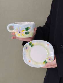 1 Set Creative Hand-Pinched Coffee Cup And Saucer, Hand-Painted Embossed Floral Ceramic Cup, Tea Cup, Water Cup, Mug, Suitable For Office, Living Room, Home Use, Gift, Cup, One Cup Of Coffee - Multicolor - View 9