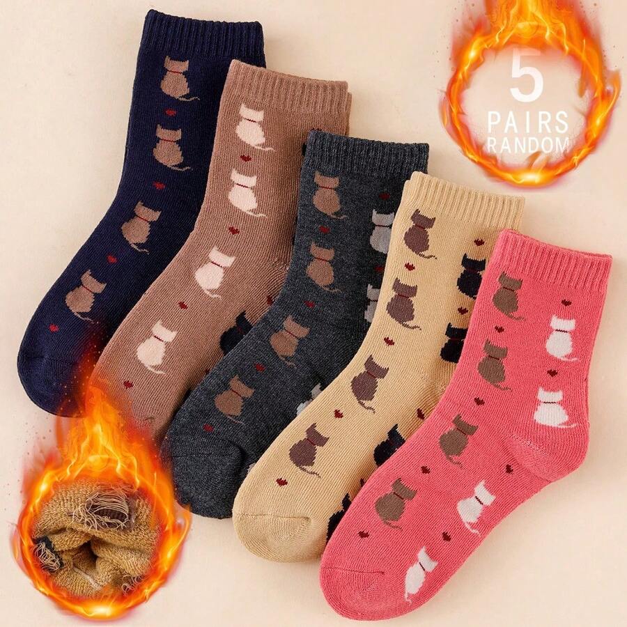 CT TAPESOCKS 5 Pairs Autumn/Winter Women's Cute Cartoon Cat Pattern Printed Versatile Soft And Comfortable Mid Tube Woolen Loop Socks - 5 Pairs Of Mixed Colors - View 1