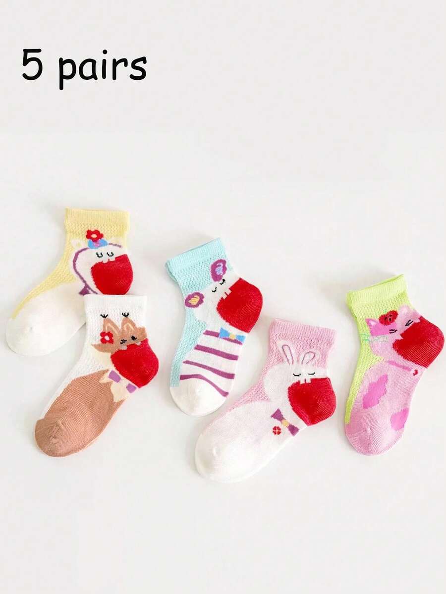 5 Pairs Children's Socks, Sweet Cute Cartoon Rabbit Mid-Calf Socks, Breathable And Comfortable, Suitable For 2-16 Years Old Girls - Multicolor - View 1