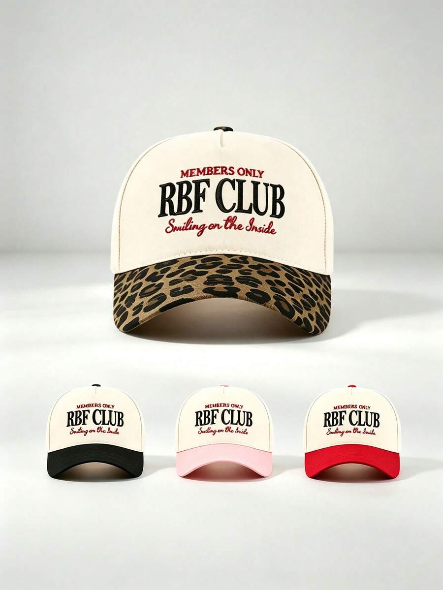 1pc RBF Club Letter Embroidered Baseball Cap Leopard Print Brim Contrast Color Curved Brim Adjustable Casual Trucker Hat For Women Street Daily Wear