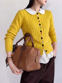 Women's Autumn/Winter Casual Minimalist Cable Knit Cardigan Sweater Jacket, Colorful Buttons Round Neck Autumn Style - Yellow - View 2