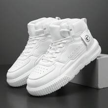 Men's White High-Top Skateboard Sneakers, Lace-Up Design, Serrated Pattern Thick Sole Casual Shoes - White - View 7