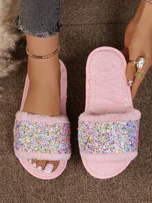 Women's Open Toe Flat Fuzzy Slippers With Colorful Sequin Decor, Hot Girl Style, Warm Casual Home Slippers For Autumn/Winter - Pink - View 5