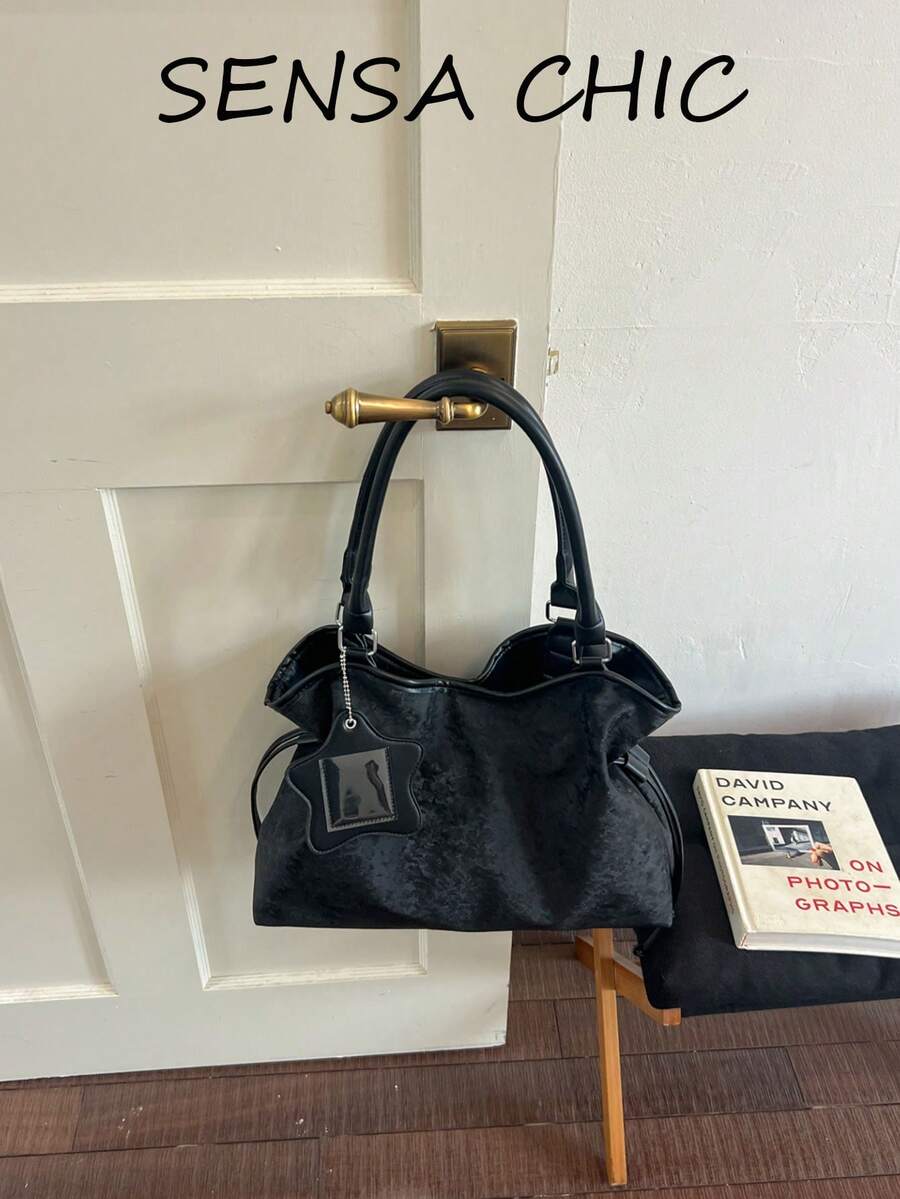 Leopard Print Pattern Star Charm Accessory Drawstring Closure Design Adjustable Long Shoulder Strap Open Closure Vintage Y2K Hot Girl Style Tote Bag Women's Large Capacity Shoulder Bag Daily Commute Travel School Handbag - Black - View 1