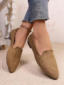 1 Pair Women Khaki Pointed Toe Slip‑On Loafers Fashion Flat Shoes - Khaki - View 5