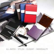 1 Business Card Holder, PU Leather Business Card Case, Unisex, Ultra-Thin Metal Business Card Holder, Magnetic Closure, Back-To-School Essential - Multiple Styles - View 3