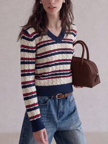 Sweater Pullover Leher V Bergaris Gaya Preppy Musim Gugur/Dingin untuk Wanita - Navy Blue - View 1