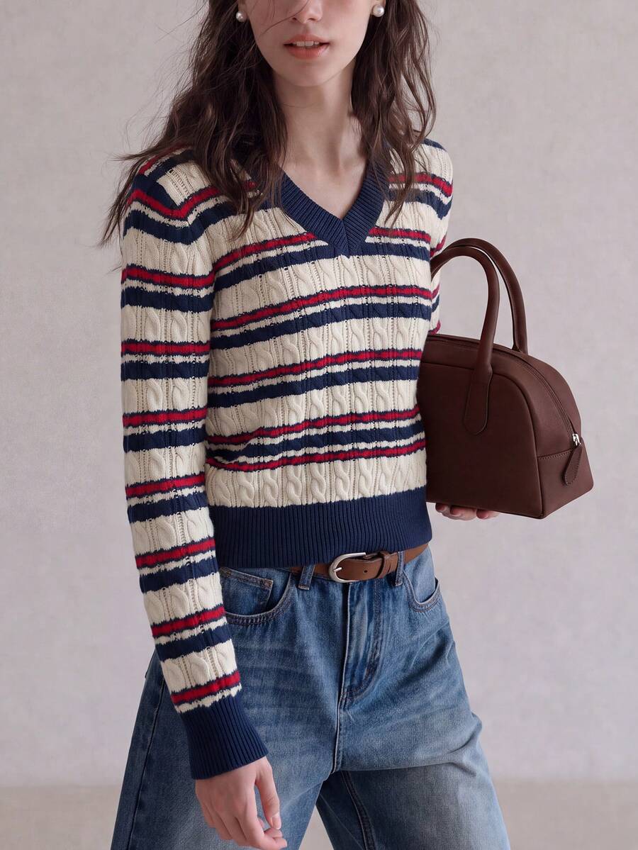 Sweater Pullover Leher V Bergaris Gaya Preppy Musim Gugur/Dingin untuk Wanita - Navy Blue - View 1