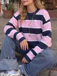 Women Fall Pink Navy White Striped Knit Sweater, Crew Neck Drop‑Shoulder Long Sleeve Loose Pullover For Campus Casual Date Daily Going‑Out - Multicolor - View 9