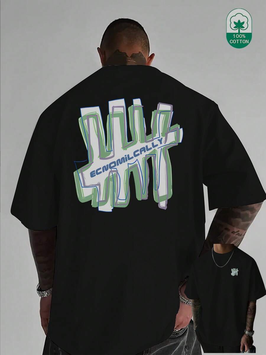 Men's Casual T-Shirt, Versatile And Fashionable, With Creative Graffiti Prints In Color Blocks And Letters On The Front And Back, For # Des PGZF - 黑色 - 查看 1