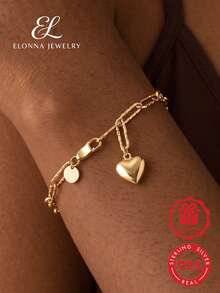 SYMFNY Unique Minimalist 925 Sterling Silver Heart Pendant Bracelet, Textured Design, Perfect Gift For Birthday And Anniversary - Yellow Gold - View 1