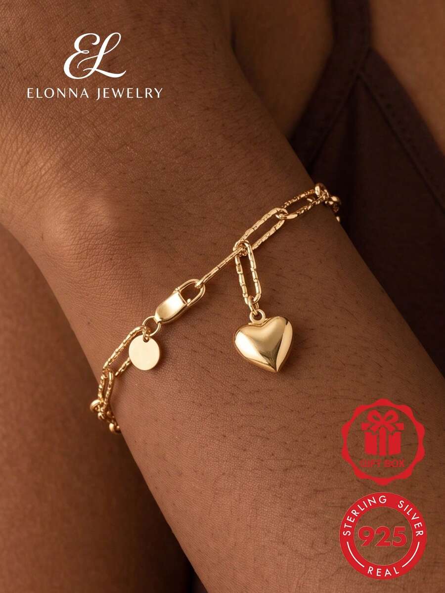 SYMFNY Unique Minimalist 925 Sterling Silver Heart Pendant Bracelet, Textured Design, Perfect Gift For Birthday And Anniversary - Yellow Gold - View 1