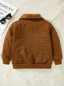 Young Boy Casual Fashion 3D Letter Embossed Thermal Lined Thickened Turn-Down Collar Zip-Up Warm Jacket For Autumn/Winter - Brown - View 3