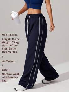 1pc Women's Waffle Knit Loose Straight Leg Drawstring Waist Contrast Color Simple Fitness Sports Pants, Spring/Summer - Navy Blue - View 2