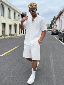 Men's Solid Color Single-Breasted Short Sleeve Shirt And Pocket Shorts Set - White - View 5
