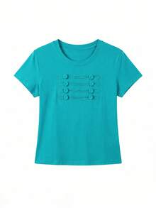 Korean Style Embroidered Napoleon Button Square Shoulder Short Sleeve T-Shirt, Casual Summer Style - Mint Blue - View 6