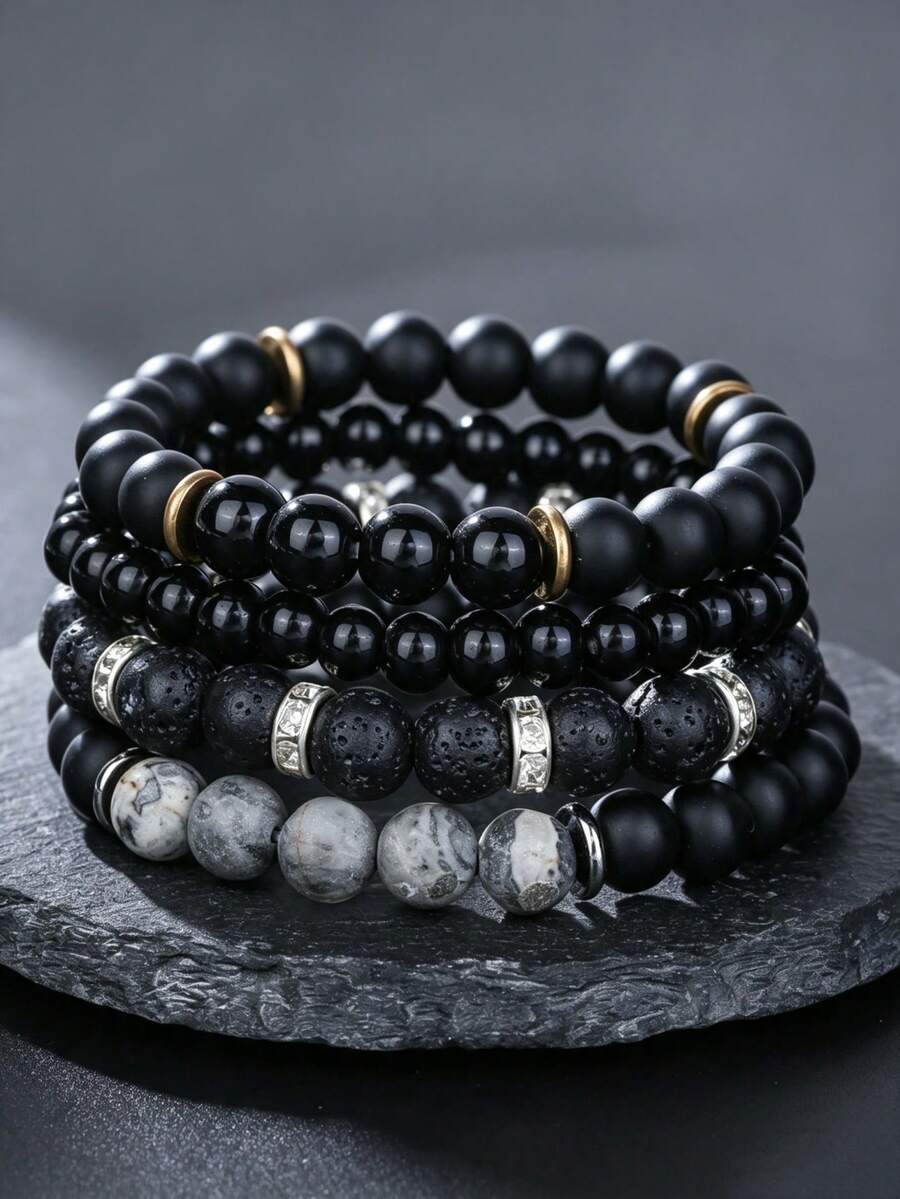 RINTOLER Set de 4 pulseras apilables con cuentas mate para hombres, regalo para el novio - Negro - Ver 1