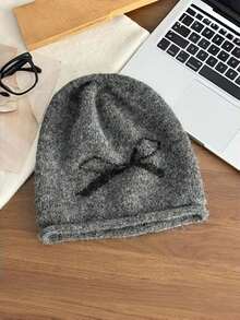 1pc Thickened Bow-Knot Knitted Hat For Women, Autumn/Winter Large Head Circumference Ear-Protective Warm Beanie With Embroidered Ear Flaps, Korean Style Slouchy Knit Cap, Postpartum Maternity Hat - Multicolor - View 8