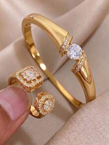 Solitär-Runddiamant offener Goldarmreif & Zweistiliger Cut Out Halo-Zirkonia-Ring Schmuckset, luxuriöser Hochzeits-Braut-Schmuck - Verschiedenfarbig - Übersicht 2
