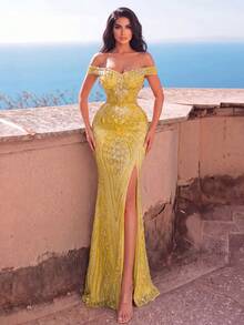 Faeriesty Elegant Open Shoulder Long Dress, Exquisite Beaded Embroidery, High Slit, Slim Fit, Flattering Silhouette, Suitable For Formal Evening Events - Gold - View 5