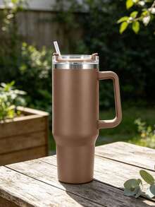 1set Stainless Steel Insulated Bottle With Lanyard & Straw, Modernist Vacuum Insulated Bottle For Outdoor Travel - Coffee Brown - View 2