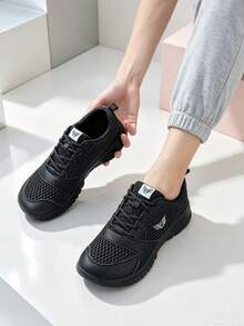 Unisex Breathable Mesh Running Shoes, Lightweight Comfortable Lace-Up Casual Sports Sneakers - Black - View 4