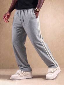 American Street Style Side Stripe Sweatpants, Straight Leg Draped Casual Pants For Men, Versatile Grey Sports Long Pants For Daily Commute/Sports - Light Grey - View 4
