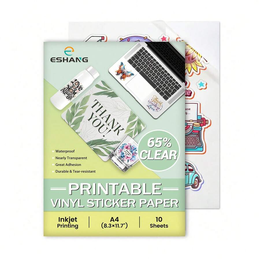 ESHANG A4 10 Sheets Printable Vinyl Sticker Paper For Inkjet Printer, 65% Clear Transparent Waterproof Decal Paper Self-Adhesive Sheets 8.3"X11.7"- Dries Quickly And Holds Ink Beautifully