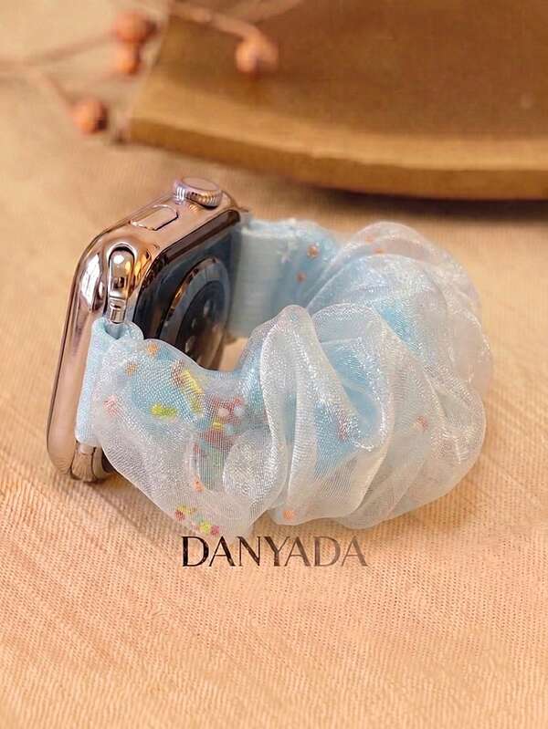 Band Watch Strap, Women's Style, Light Blue Pleated Mesh Fabric Decorative Strap, Soft Fairy-Like Adjustable Fabric Wristband, Compatible With Apple Watch 38/40/41/42/44/45/46/49mm, Compatible With Ultra3/2/1/Se/11/10/9/8/7/6/5/4/3/2/1 All Series, Niche Fresh Girl Vibe Smart Watch Accessory
