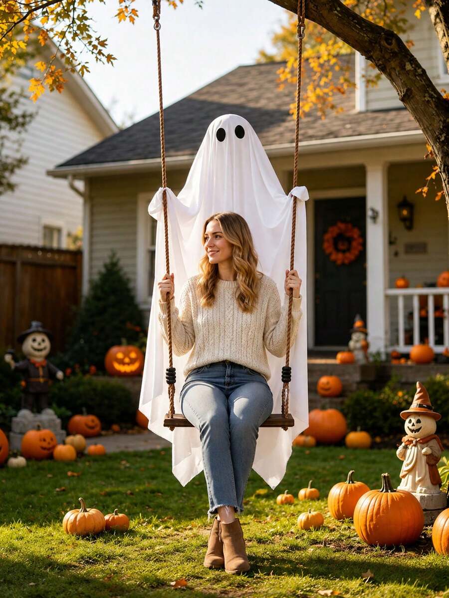 1PC Large Halloween Ghost Swing Hanging Decoration White Ghost Outdoor Patio Porch Tree Halloween Decoration Suitable For Outdoor Garden Porch Patio Party Decoration, Fall Decor - Multicolor - View 1