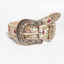 女款花卉刺繡水鑽西式腰帶，白色波希米亞復古牛仔女郎腰帶 - 白色-金色刺繡 - 查看 8