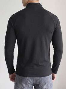 Men's Black Half-Zip T-Shirt, Raglan Sleeve, Autumn/Winter Layering, Commute Casual, 1/4 Zip Stand Collar, Solid Color Base Layer - Black - View 3