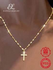SYMFNY 925 Sterling Silver Zirconia Cross Necklace - Perfect Thoughtful Holiday Gift For Mom And Family - Yellow Gold - View 1