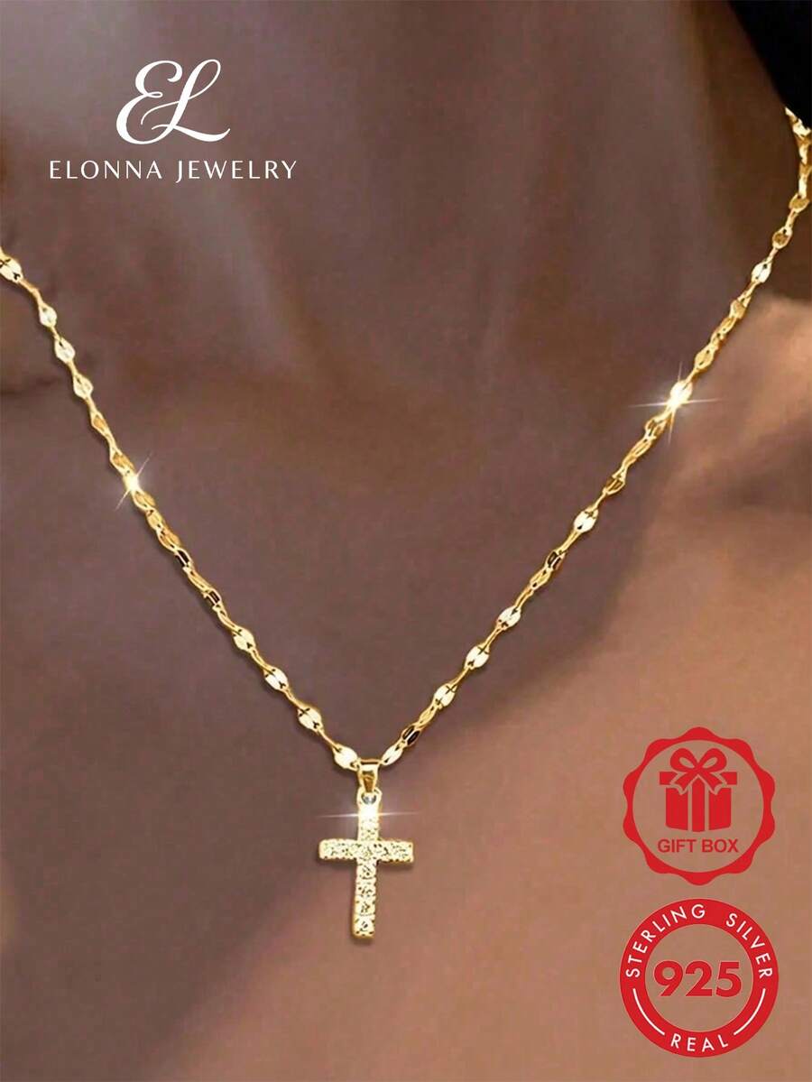 SYMFNY 925 Sterling Silver Zirconia Cross Necklace - Perfect Thoughtful Holiday Gift For Mom And Family - Yellow Gold - View 1