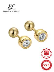 SYMFNY 1 Pair 925 Sterling Silver Round Bezel Set Cubic Zirconia Stud Earrings With Screw Back - Yellow Gold - View 1