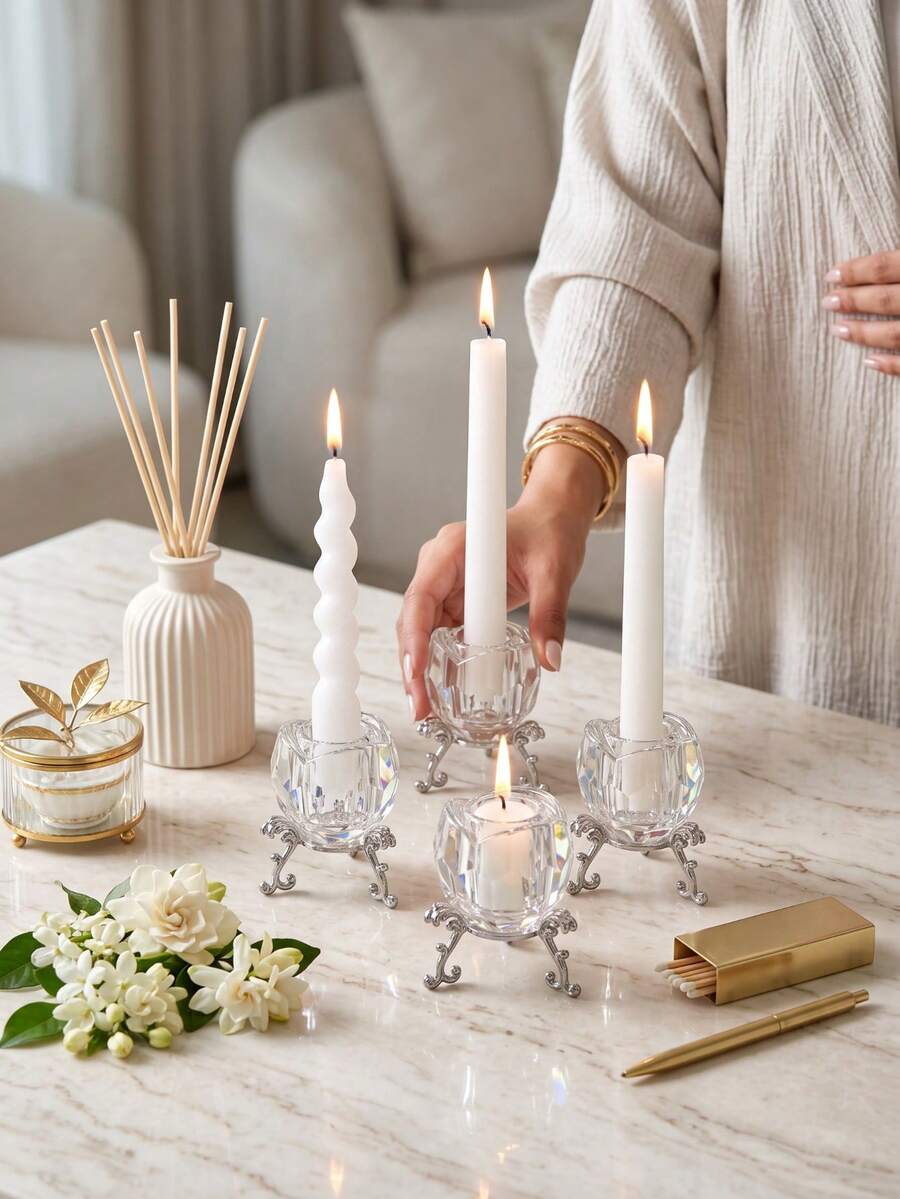 Candle Holder/Candelabra, Transparent Crystal Diamond Candle Holder Set With Polished Metal Base, Suitable For Home, Office And Party Decoration, Practical Round Display Base, Romantic Wedding Home Decor, Decorative Tabletop Accessory, Gift - Stylish Rose Design - View 1