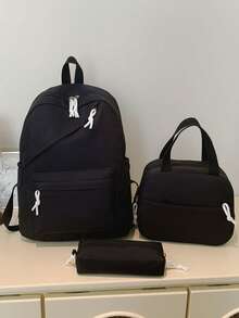 Mochila de estudiante versátil de moda para mujer de unicolor con combinación de doble espalda - Negro - Ver 1