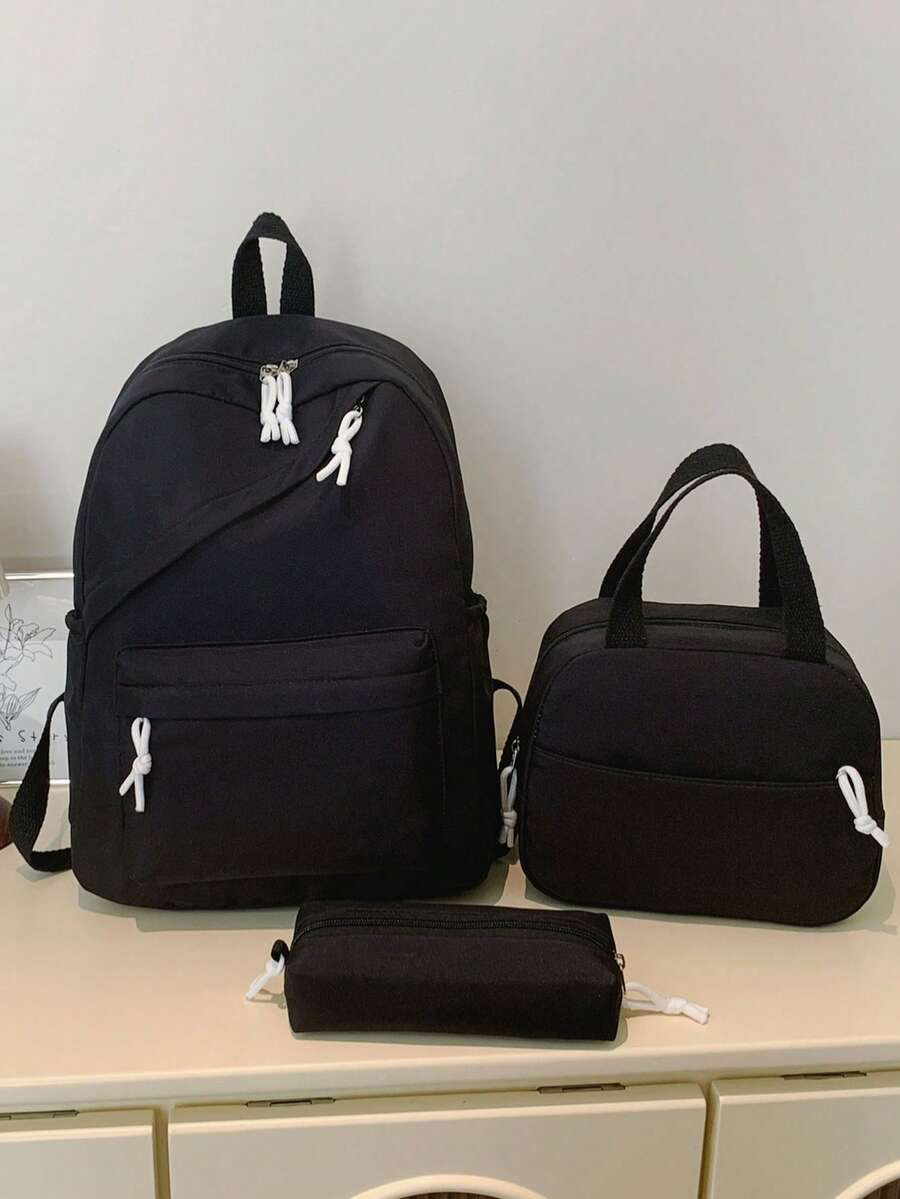 Mochila de estudiante versátil de moda para mujer de unicolor con combinación de doble espalda - Negro - Ver 1