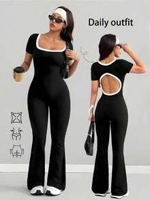 VENORA Contrast Trim Square Neck Cut Out Back Short Sleeve Flare Jumpsuit, Slim Fit High Waist Bodycon Jumpsuit For Daily Sports,Fall,Gym - Black - View 2
