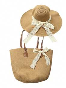 Sombrero + Bolso, Adecuado para Uso en Vacaciones - Caqui - Ver 6