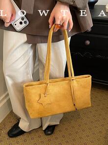 low tea 1pc Minimalist Fashion Square Suede Fabric Shoulder Bag, Suitable For Commuting, Shopping, Etc. - Yellow - View 13